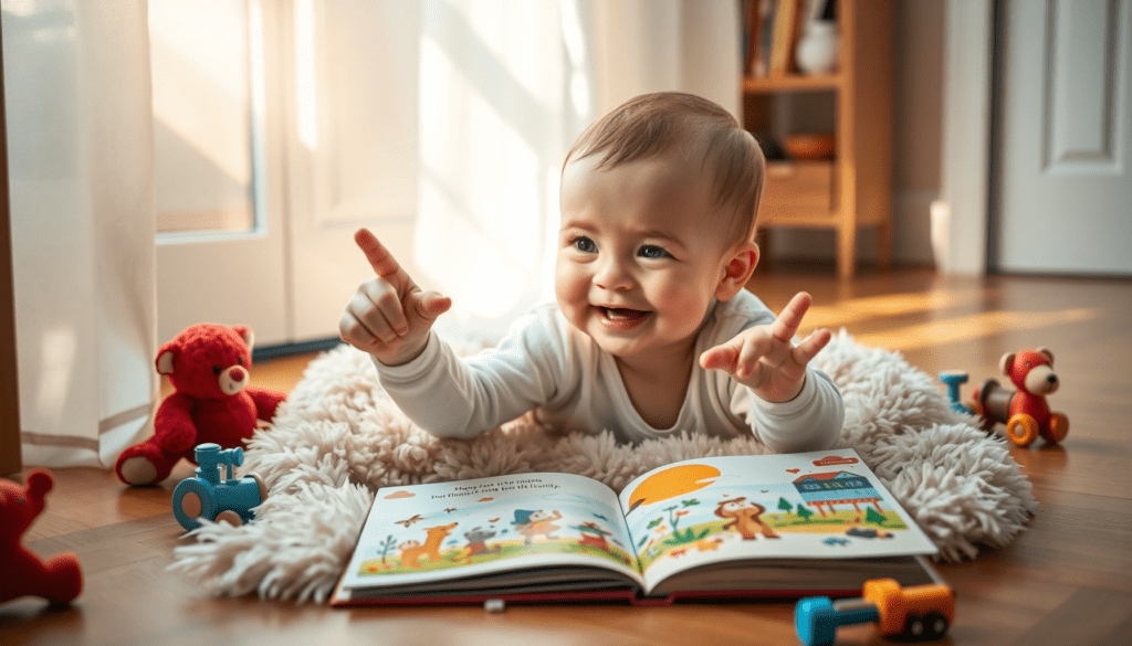 Baby pointing at a colorful page in a baby book while smiling.