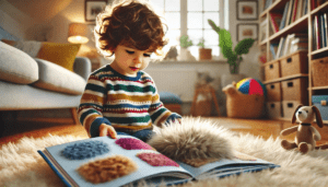 Toddler touching a textured page of an interactive baby book.