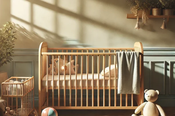 DALL·E 2024-12-26 12.52.00 - A natural and realistic scene of a cozy nursery room with warm sunlight streaming through a window. The room features a wooden crib, soft bedding, and